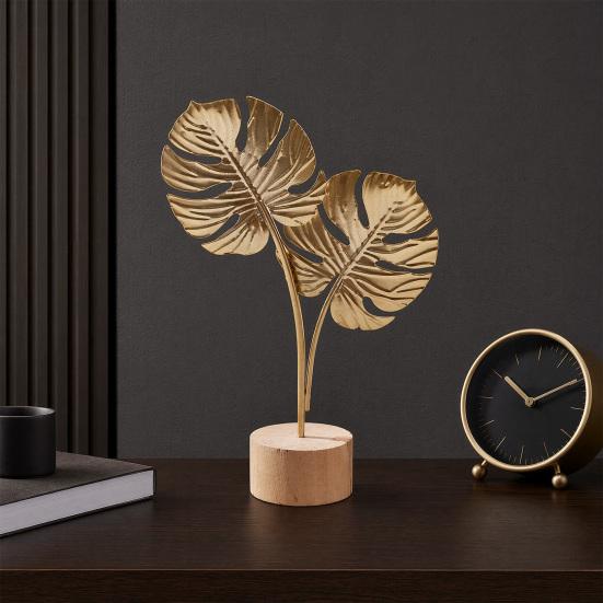 jijijing Metal Leaf Ornaments, Gold Palm Leaf, Ginkgo Feather Statue with Wood Base, Modern Desktop Sculpture for Living Room, Bookshelf, Office Desk