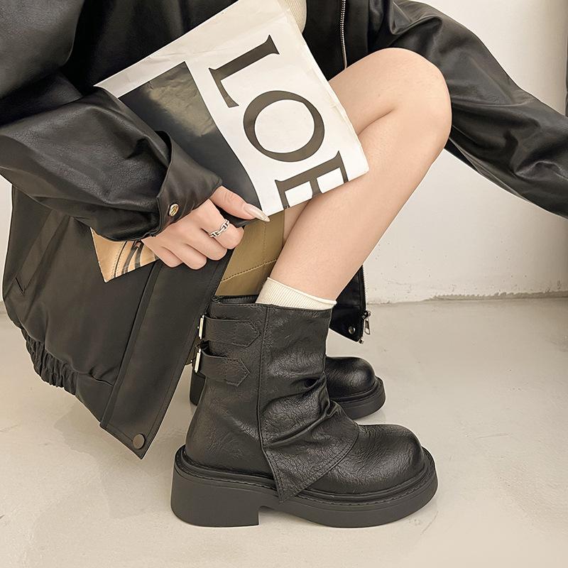 2025 new pleated stacked boots, trouser boots, soft leather thick-soled Martin boots, versatile brown short boots for women