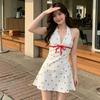 A Slightly Chubby Gentle and Sweet Ruffled Spaghetti Strap Dress for Women, Summer Petite Waist-cinching Short Skirt Cardigan Set