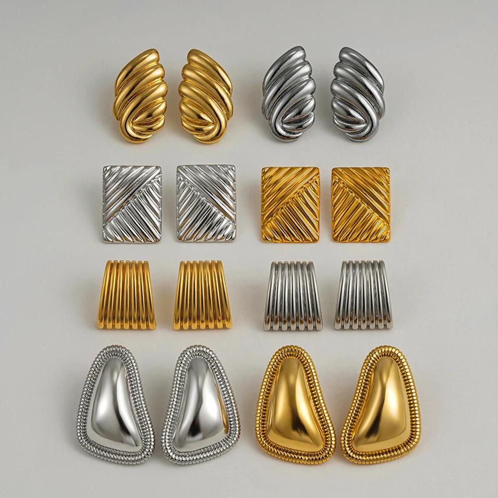 Vintage Stainless Steel Trapezoid Square Wing Geometric Stud Earrings for Women Gold Plated Striped Pleated Texture Jewelry