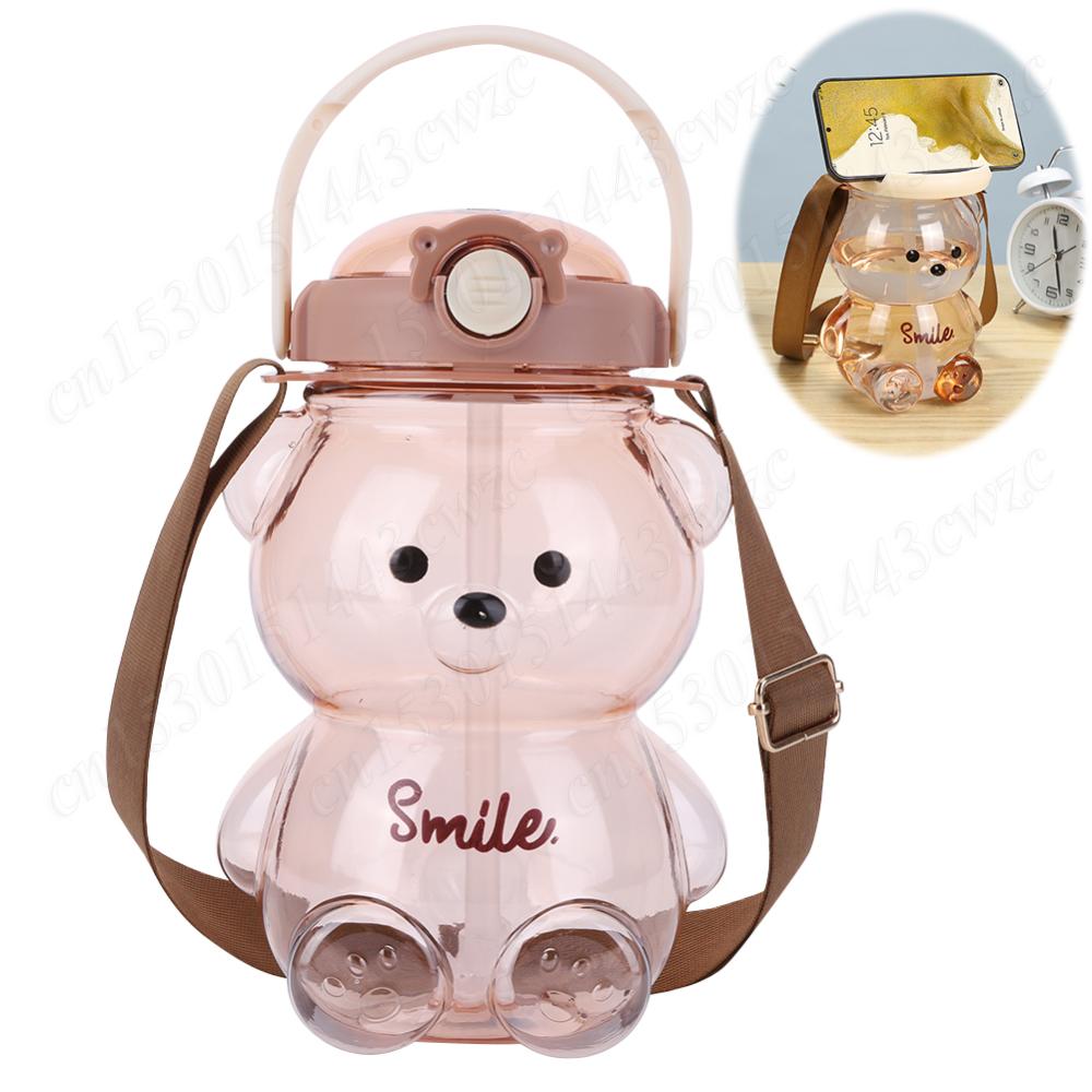 

1000/1400 мл Kawaii Bear Cup с плечевым ремнем, милая бутылка для питья с медведем, герметичная дорожная трубочка, чашка для мальчиков и девочек, ежедневное использование