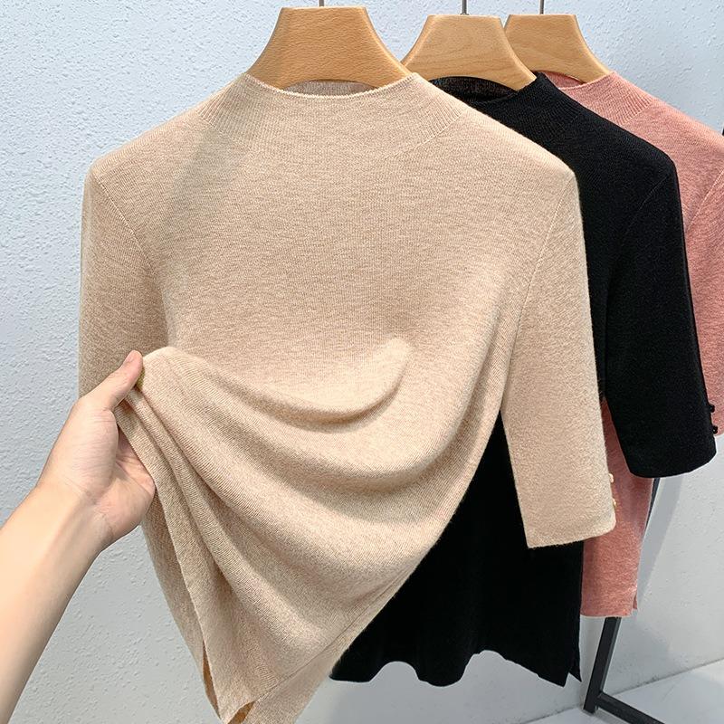 

Half Turtleneck Bottoming Shirt New Women s Solid Color Mid-sleeve Pullover Woolen Sweater Thin Quilted Waist Top 2XL бежевий