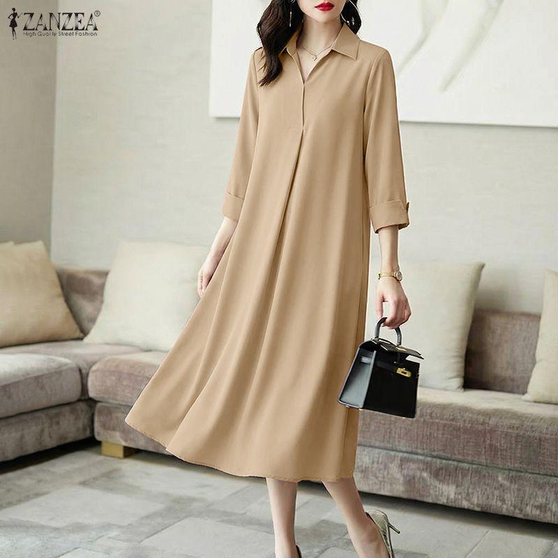 ZANZEA Vestido largo casual para mujer con cuello vuelto, holgado y de manga 3/4