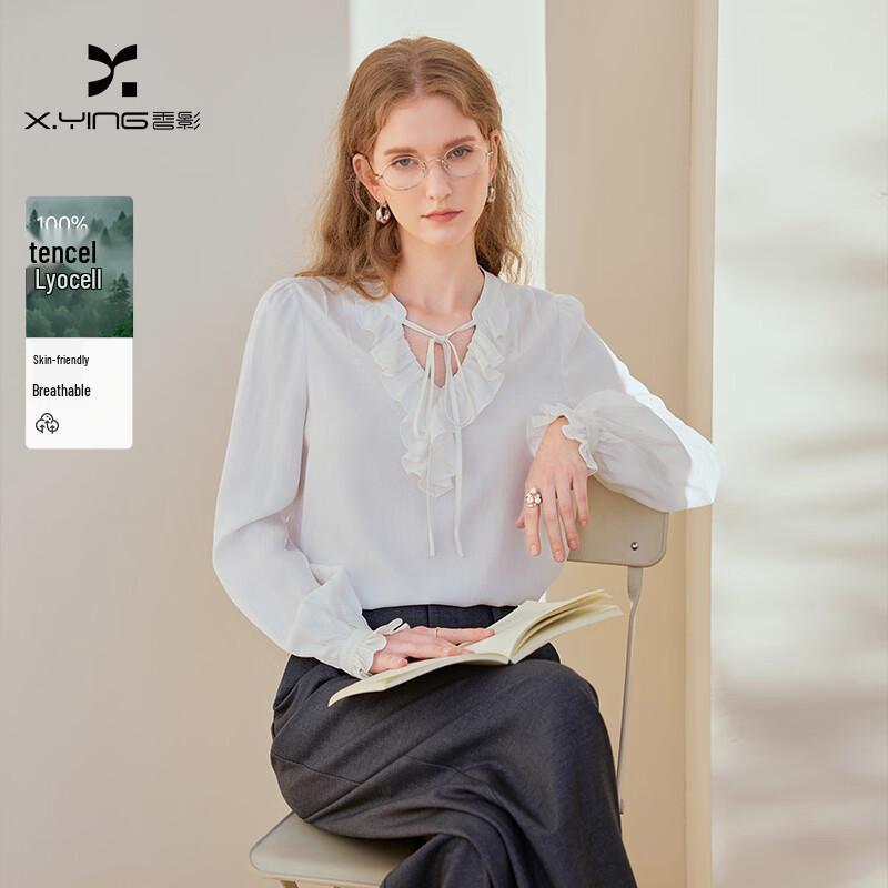 Xiangying Women s Tencel Ruffle V-Neck Long Sleeve White Shirt XL
