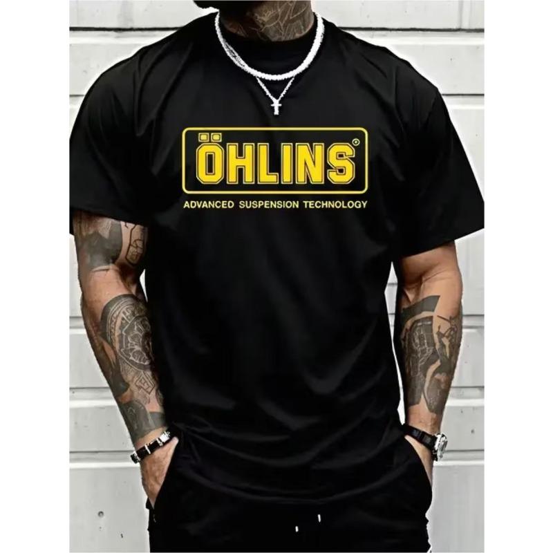 Европейские размеры Мужская черная футболка с ярким желтым принтом OHLINS - Легкий дышащий топ с круглым вырезом, повседневный уличный стиль S чёрный