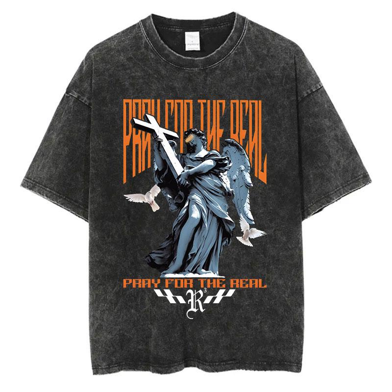 Men Fashion Washed T Shirt Streetwear Graphic Print Harajuku Hip Hop T-Shirt Summer Black Short Sleeve Cotton Loose Tops Tees