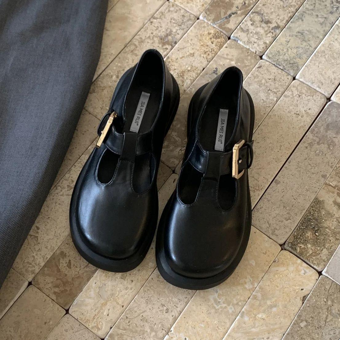 

IPPEUM Mary Janes Women Ballet Flat Shoes Leather Buckle Round Toe Ballerinas Zapatos Mujer 245 чёрный