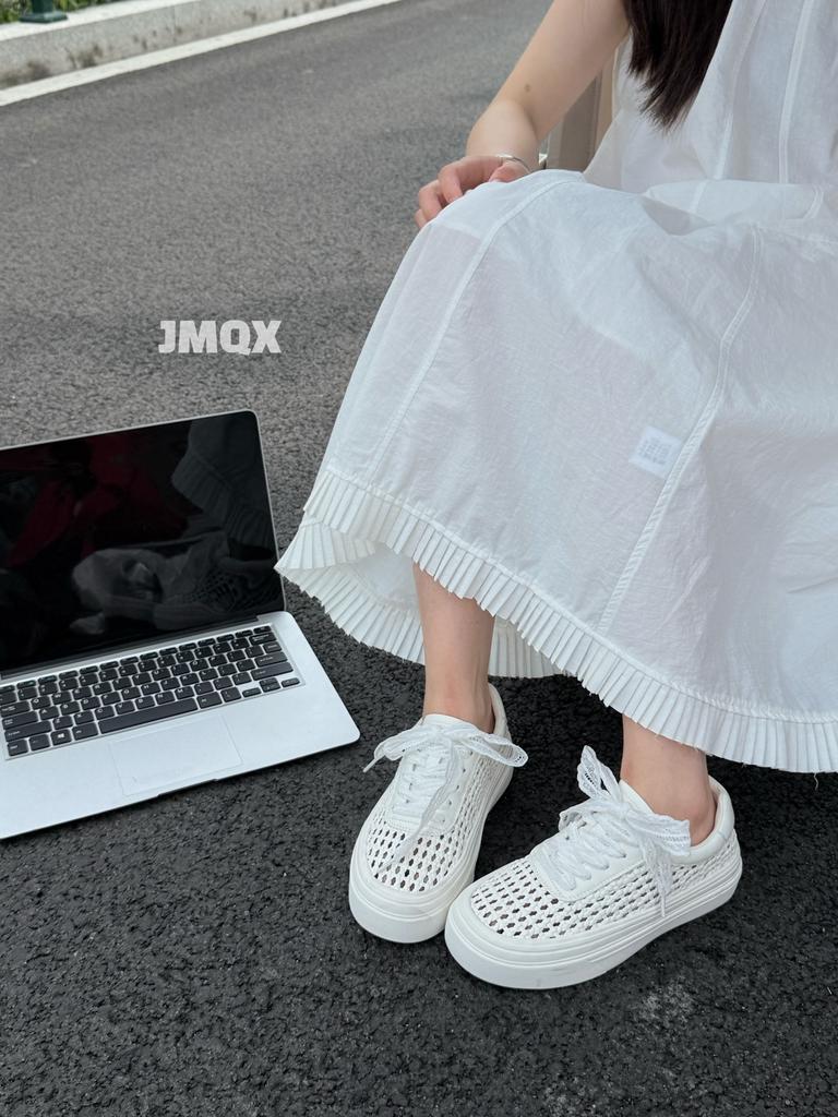 2025 summer new woven hollow through mesh platform casual board shoes women's shoes lace-up sports shoes versatile breathable tide