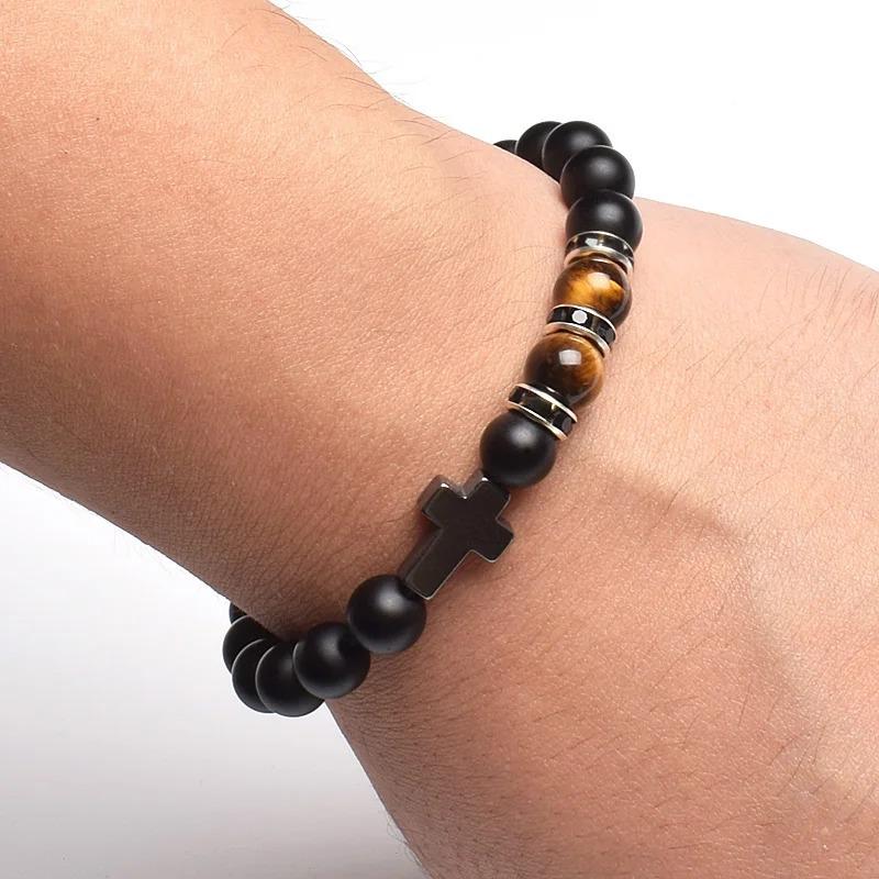 Fashion Religion Cross Men Women 8mm Natural Stone Tiger Eye & Black Matte Agates Bead Bracelet Elastic Bracelet Bangle Jewelry