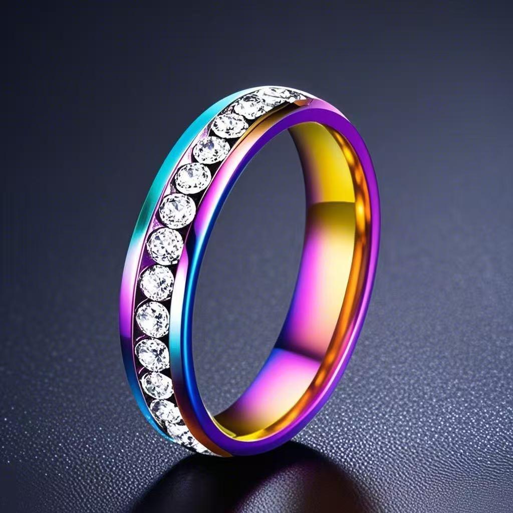 Stainless Steel Ring with Star-Inlaid Diamonds, Fade-Resistant, Titanium Finish