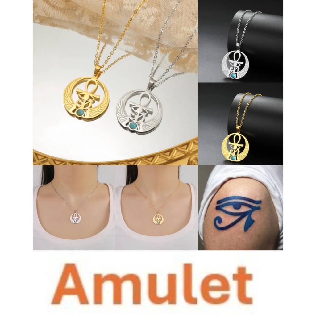 Ancient Egyptian Symbol Horus Eye Pharaoh Protection Amulet Talisman Pendant Necklace Blue Rhinestone Men Women Stainless Steel Chains Jewelry Gifts