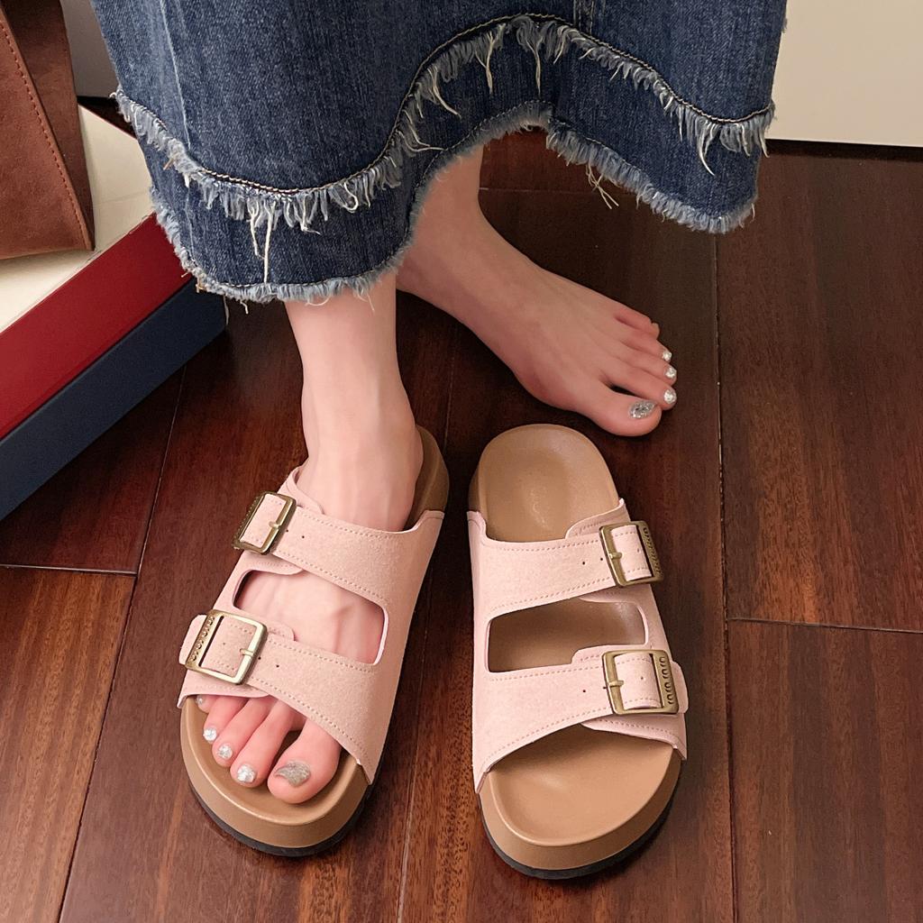 2025 new casual cool slippers summer retro cork bottom thick bottom buckle with casual Boken cool slippers women
