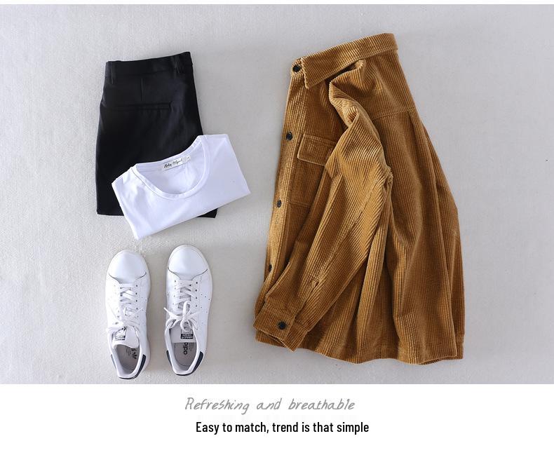 Men's Spring Cotton Corduroy Jacket with Double Pockets, Stripes & Velvet, Loose Fit, Drop Shoulder, Long Sleeve, Japanese Style.
