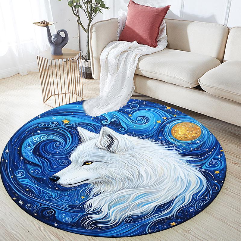 White Wolf Round Area Rug,Carpet Rug for Living Room Bedroom Sofa Playroom Decor,Non-slip Floor Mat