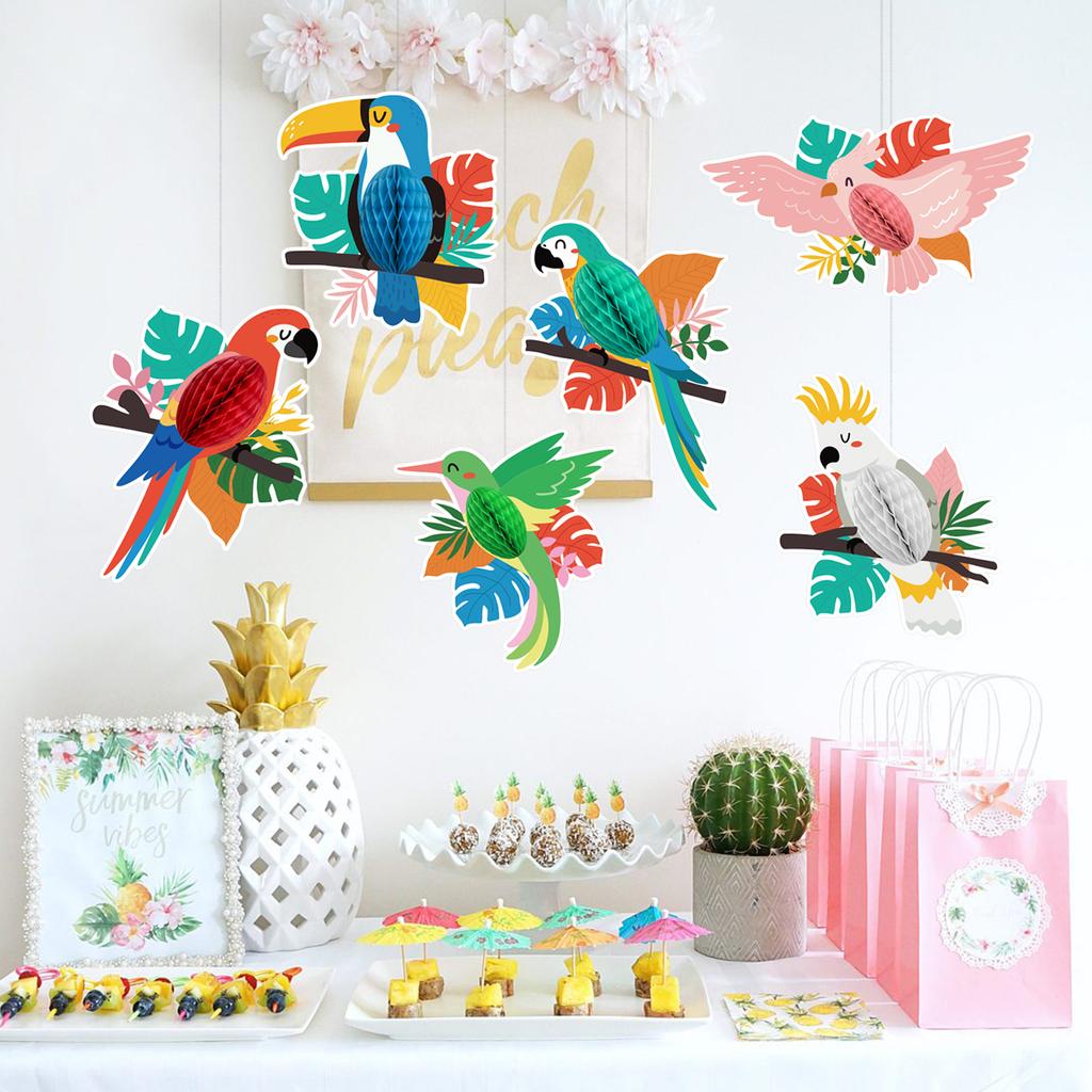 6Pcs/Set Tropical Hawaii Theme Toucan Bird Honeycomb Ball Garland Ornament for Summer Aloha Birthday Wedding Party Decoration