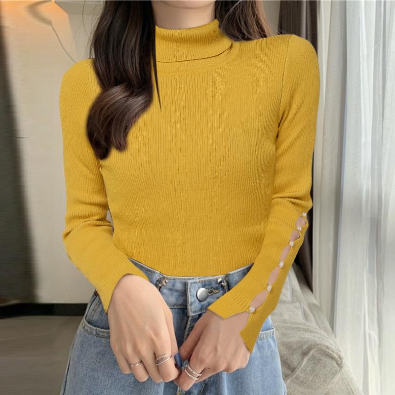 ZANZEA Autumn Winter Women Turtleneck Sweater Long Sleeve Pearl Knitted Jumpers Undershirts