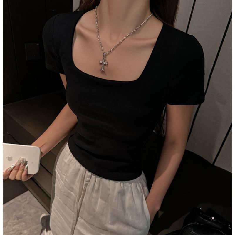 

Summer pure cotton square collar inner with base front shoulder short-sleeved T-shirt women s Spice Girl high-end temperament short top s (suitable for weight 35-47.5kg ) чёрный