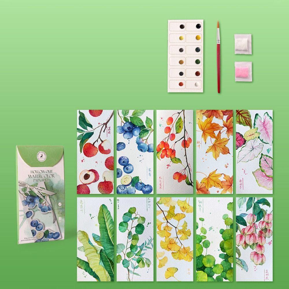 New 10 Sheets Watercolor Painting Set DIY 12 Colors Coloring Bookmark Handmade Hollow Bookmark Painting Set