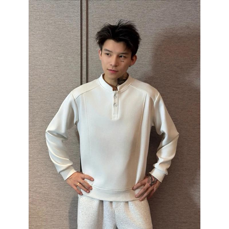 Men s Black Henley Collar Hoodie with Deconstructed Patchwork Sleeves M