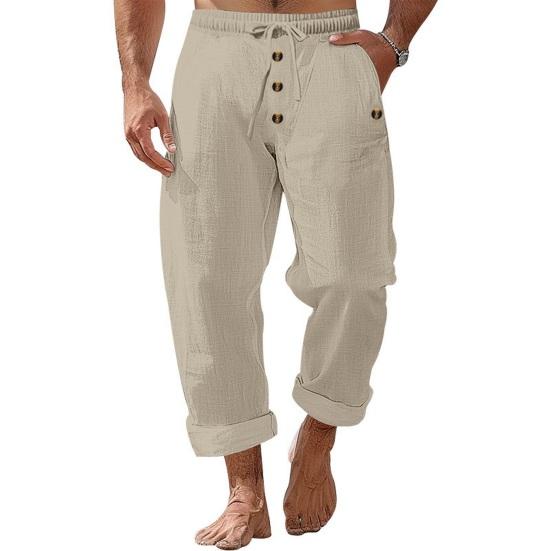 Men's Casual Linen Trousers Elastic Waist Drawstring Baggy Trousers Solid Color Loose Fit Summer Pants with Pockets for Beach Yoga Wear