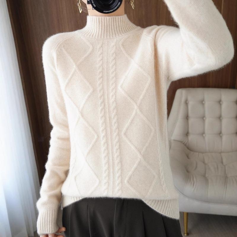 Solid Color Twist Semi-turtleneck Pullover Women's Autumn and Winter New Fashion Versatile Loose Knitted Bottoming Shirt Thick