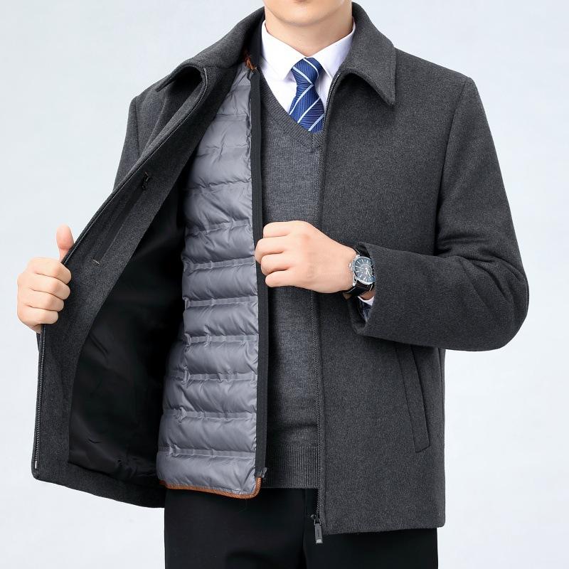 Autumn and Winter New Cashmere Jacket for Men, Middle-aged Dad, Business Casual Wool Lapel Jacket with Removable Down Liner