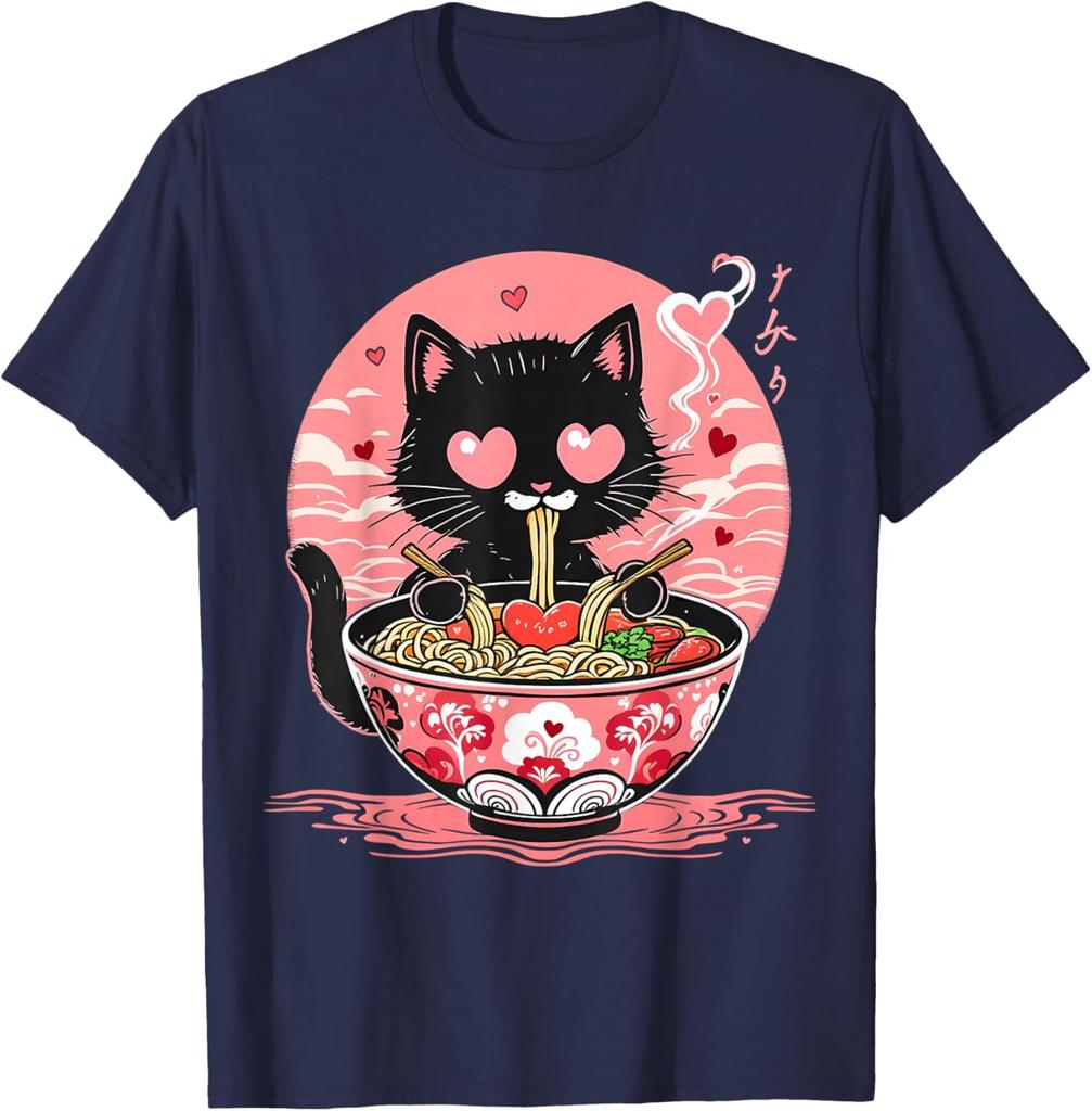 Kawaii Black Cat Eating Ramen Anime Japanese Aesthetic Graphic Tee Men Women Daily Perfect for Foodies Cat Moms