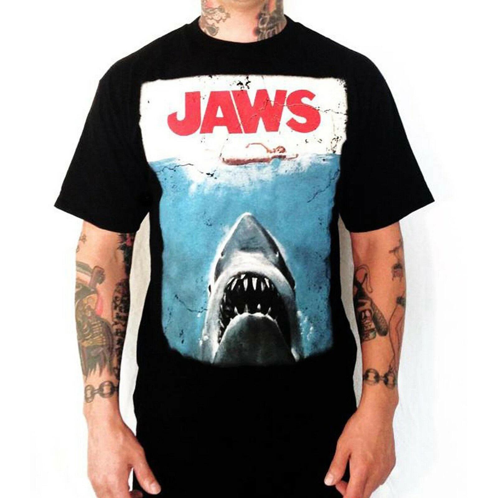 Jaws T-Shirt Movie Poster Black Distressed Logo Tee New S-2XL XL