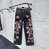 LUXEON Streetwear Gotische Kirschblüten-Stickerei Jeans Y2K Kleidung Herren Damen Hip Hop Vintage Baggy Jeans Low Rise Weites Bein Hosen