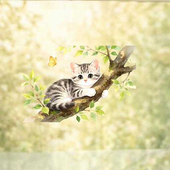 Yousheng Cartoon Cat On The Tree Branch Window Cling, Cute Watercolor Cat Butterflies Plants Window Sticker for Kids Room Bathroom Living Room