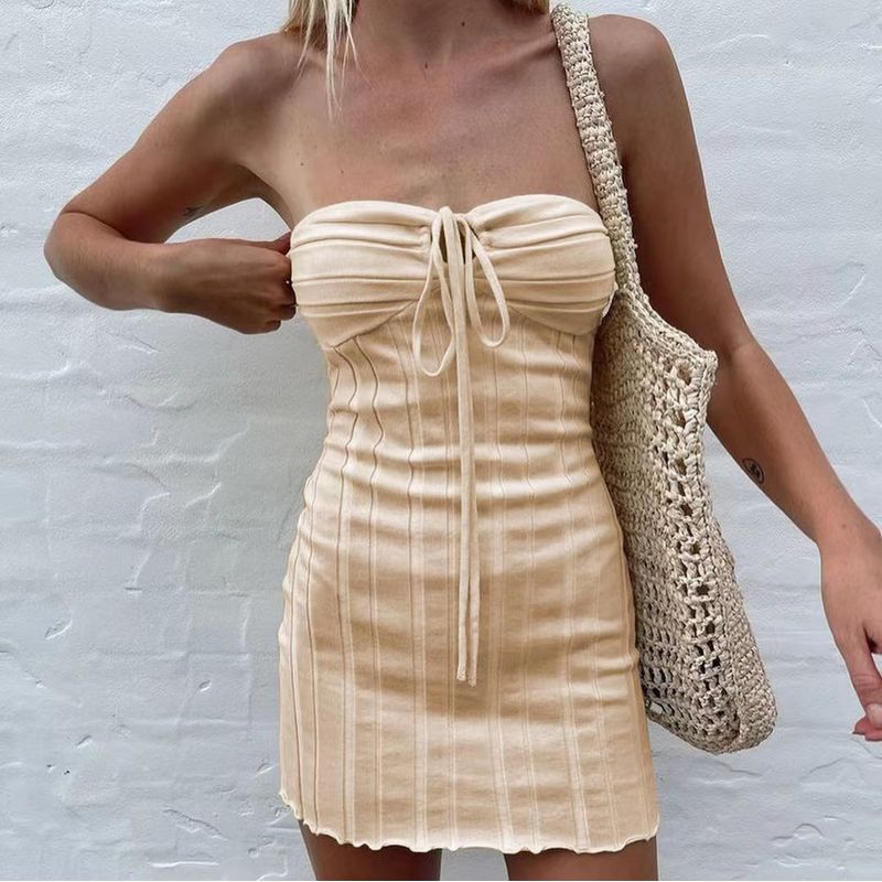 

New New Arrival Halterneck Bandage Knitting Tube Top Vacation Beach Dress Wrap Chest Knit Dress Khaki S