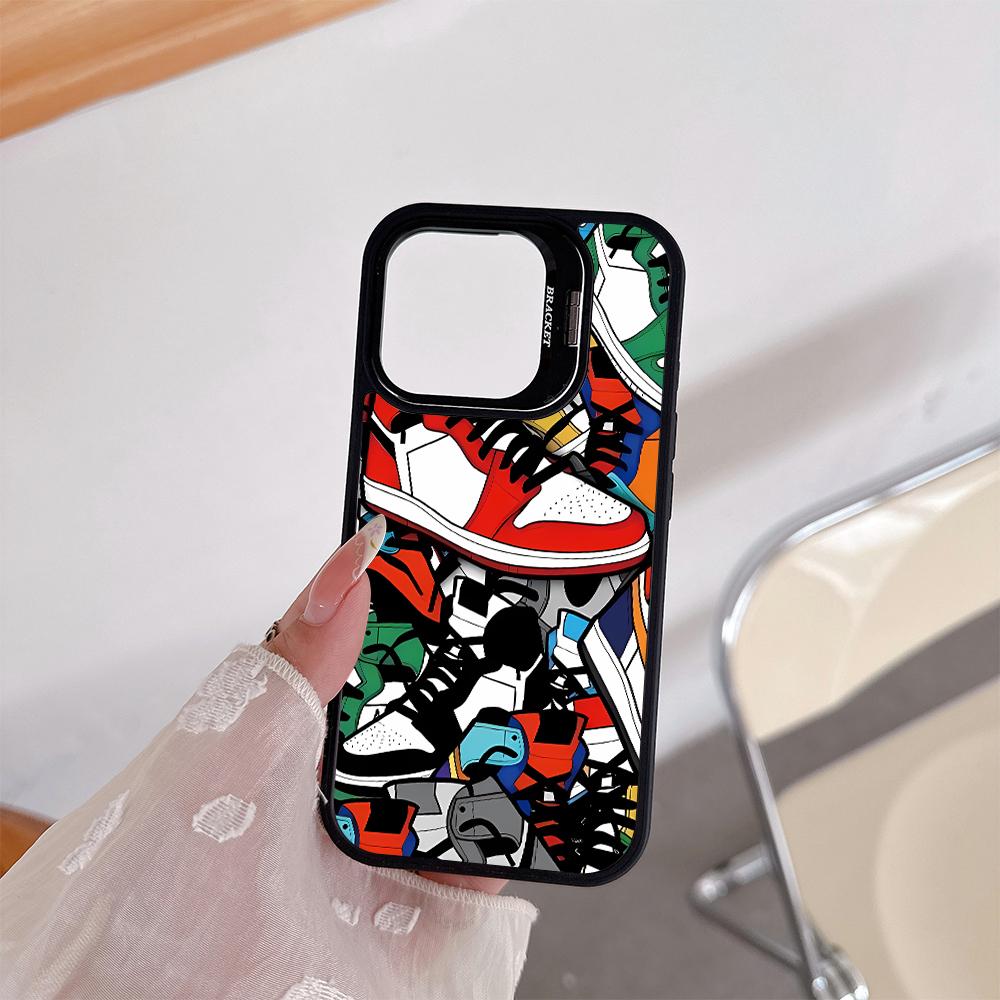 Trendy shoe patterns Acrylic hard shell For iPhone 17pro 15 Pro Max 11 12 13pro Multi functional lens phone holder phone case