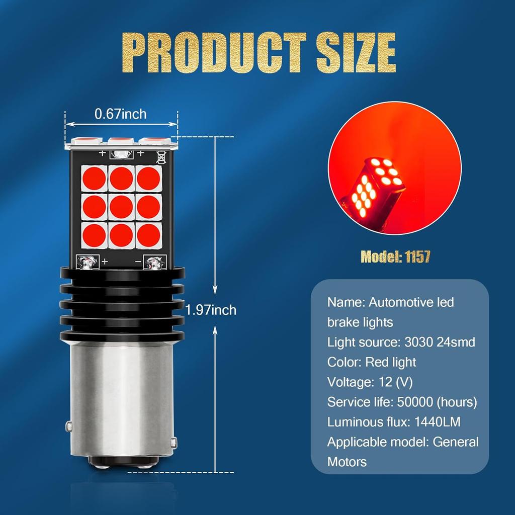 2 PCS 1157 Car LED Brake Light Replacement, Super Bright Waterproof Vehicle Lighting Bulbs, Universal 3030 24SMD Automotive Tail Light Bulbs