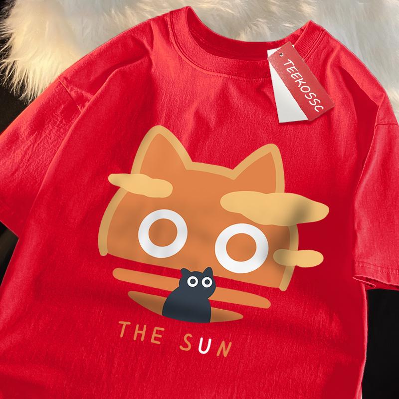 The Sun Orange Cat Fun Japanese Style Male Cotton O-Neck T-Shirt Summer Loose Oversize Clothes High Quality Brand Short Sleeve