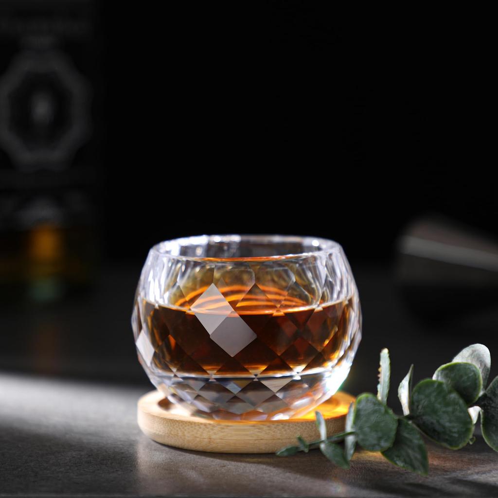 K9 Crystal Glass Sake Glass, Small 60ml, with Bamboo Coaster, Gift Set. Features a transparent diamond-cut design with hand-cut diamond patterns. A ma