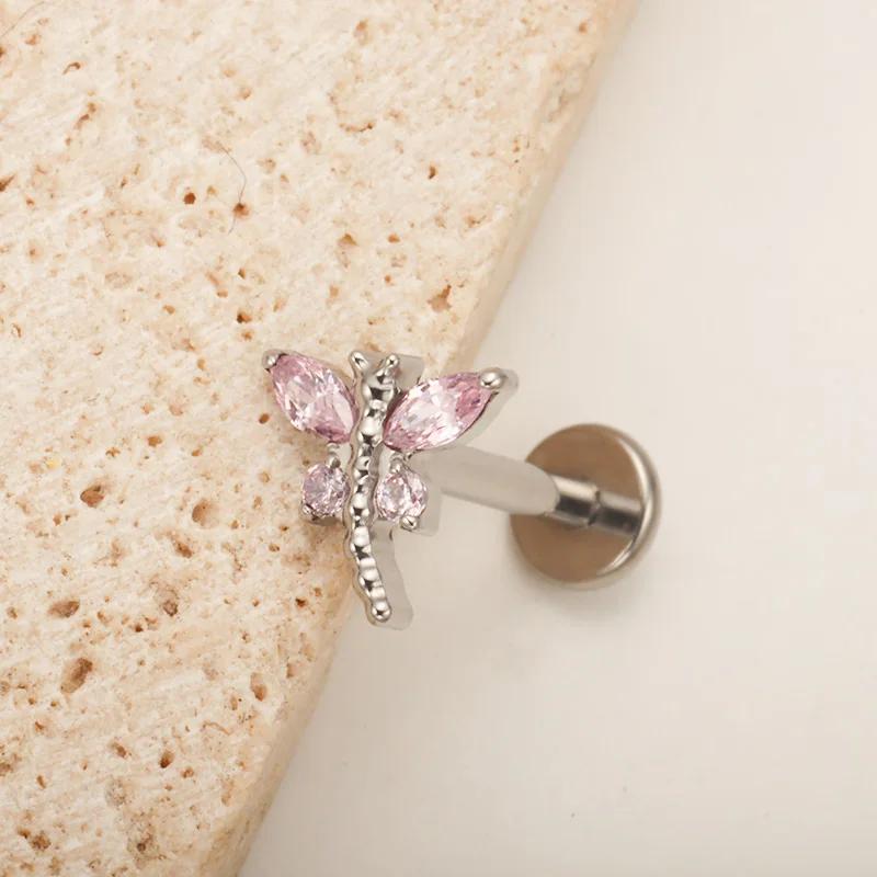 Piercing Labret Mini Libellula in Titanio ASTM F136 con Zirconia Cubica Orecchio Helix Flat Trago Orecchino Anello Naso Piercing Labbra