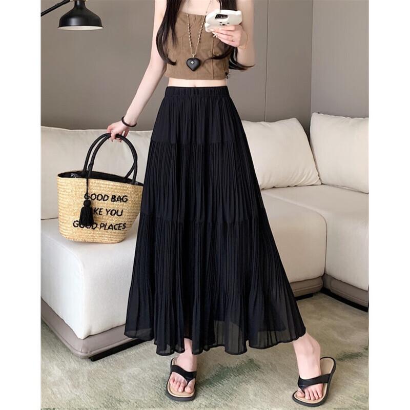Women s Spliced Pleated Chiffon High-Waist Midi Skirt S