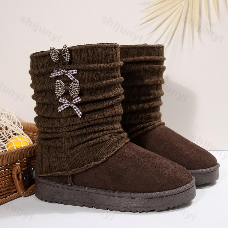 Wintermode Strik Ontwerp Dikke Zool Sneeuwschoenen voor Dames Warm Comfortabel Veelzijdig Retro Pluche Katoen Dikke Korte Laarzen 40 black