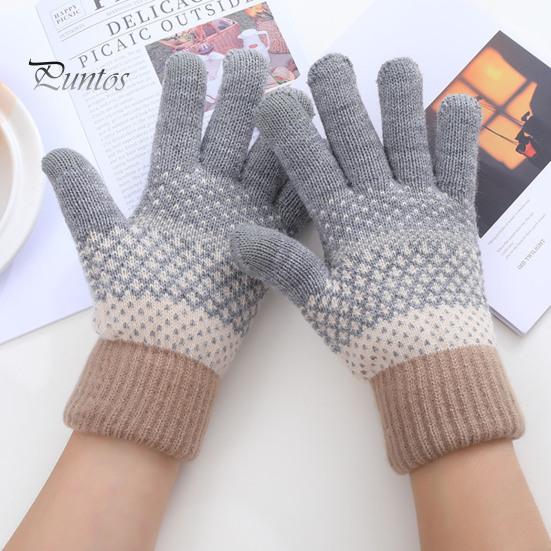 Winter Gloves 1 Pair Thickened Warm Full Fingers Touch Screen Ribbed Cuffs Women Striped Splicing Double Layer Fleece Lining Knitting for Cold Weather