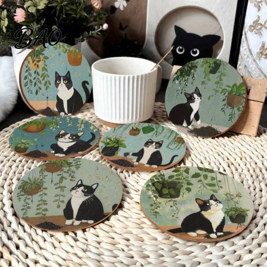 Unique Cat Themed Gifts Wooden Coasters, Decorative Heat Resistant Table Mats, Non-slip Cup Retro Pattern Coasters Insulation for Hot Drinks And Desk