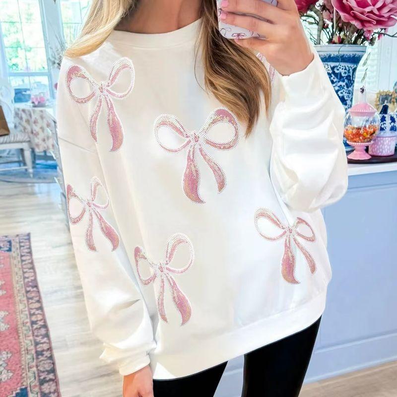 

Fashion Style New Arrival Loose Bow Sequin round Neck Sweatshirt Bow Sequin round Neck Neck Top White L