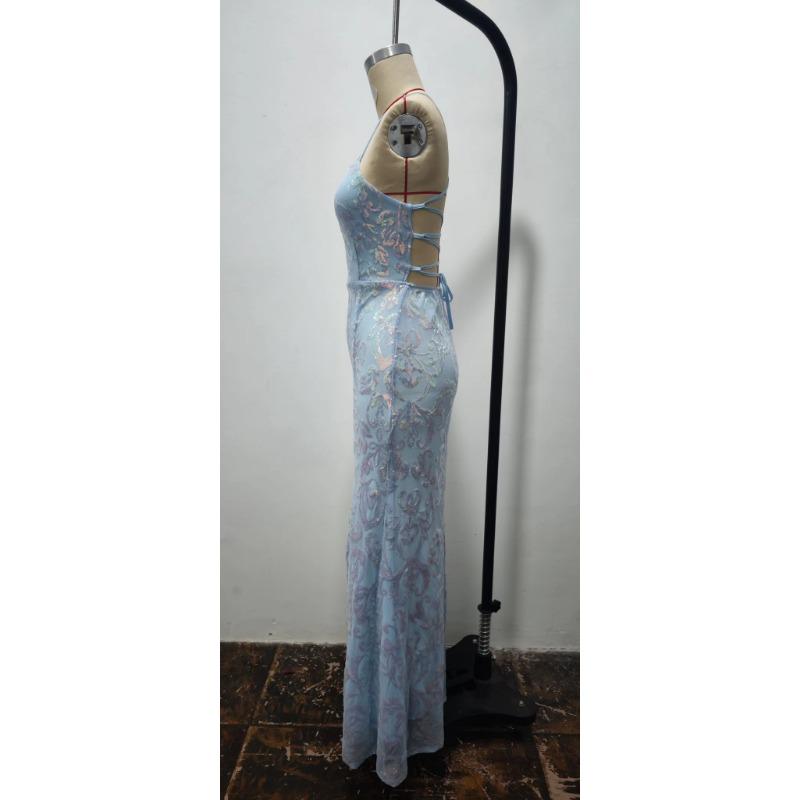 Women Sexy Off Shoulder Sequin Slit Floor Length Evening Party Gown