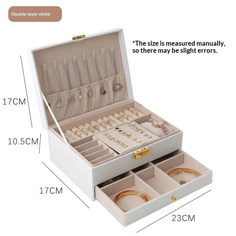 2-Drawer Jewelry Box Large Capacity Jewelry Storage Box with Lock Diamond Pattern Ring Jewelry Gift Box Accessories Packaging Box PU Leather Material
