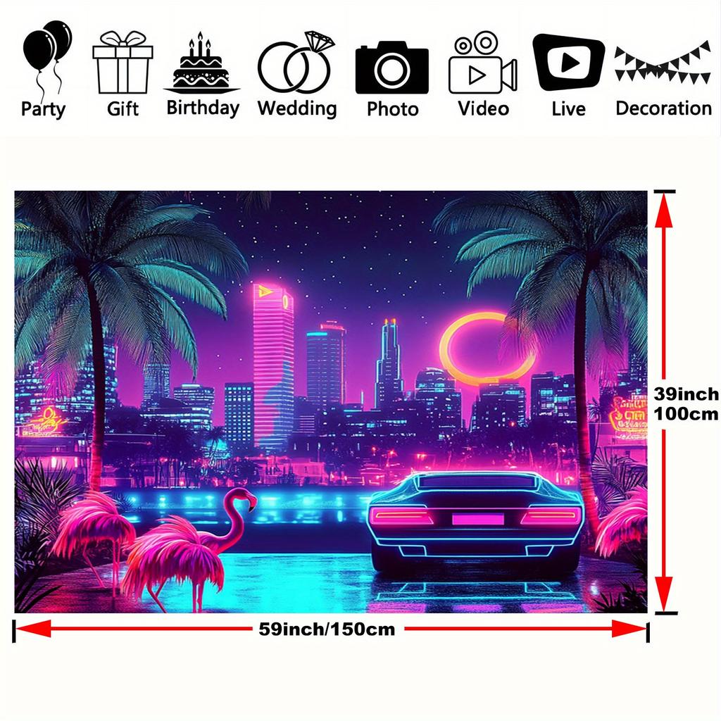 One Piece, Neon Retro Miami 80s Summer Disco Tropical Theme Background, Polyester, Suitable for Weddings
