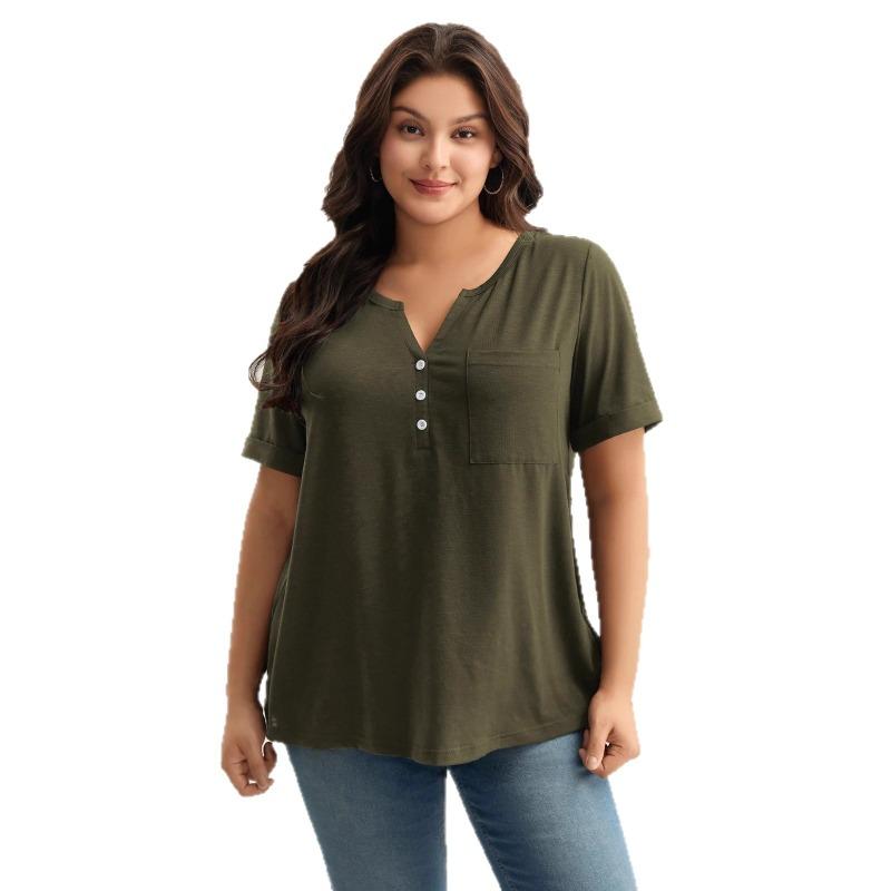 Vêtements d'été grande taille pour femmes, tempérament doux, décontracté quotidien, polyvalent, couleur unie, col en V, boutonné, manches courtes, T-shirt