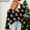 BITCED Women's Red Christmas Sweater with Deer Jacquard Pattern Relaxed Fit, Cute Long-Sleeved Pullover Knit