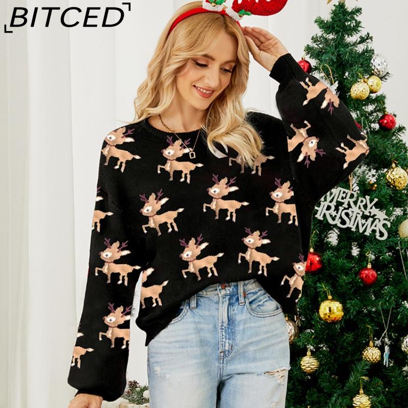 BITCED Women's Red Christmas Sweater with Deer Jacquard Pattern Relaxed Fit, Cute Long-Sleeved Pullover Knit