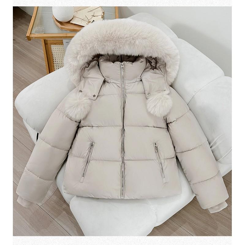 Womens Short Puffer Coat With Faux Fur Collar Hooded Winter Jacket Thick Warm Cotton Fill Korean Style