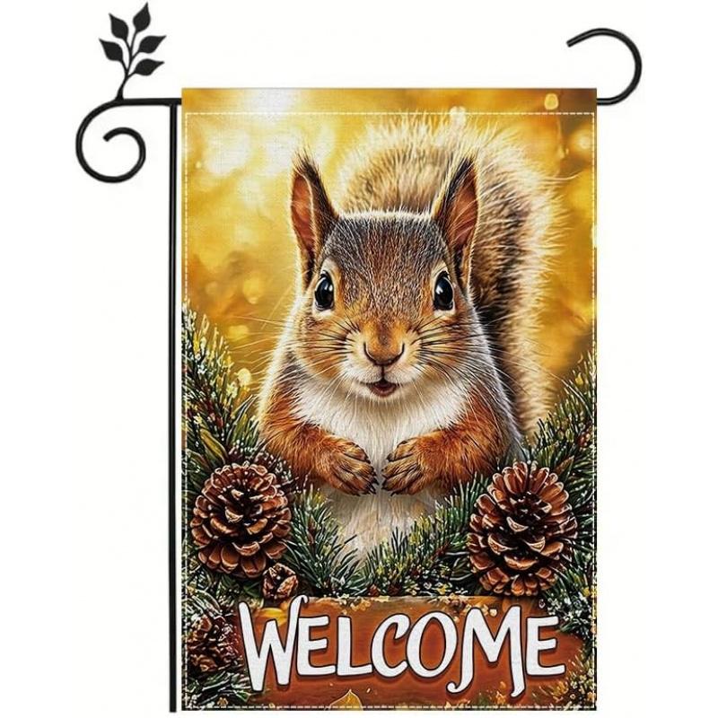 Garden Flag , Welcome Squirrel Garden Flag, Cute Animal Pinecone Rustic Outdoor Flag, Double Sided Decorative Yard Flag for Porch Lawn Patio All Seaso