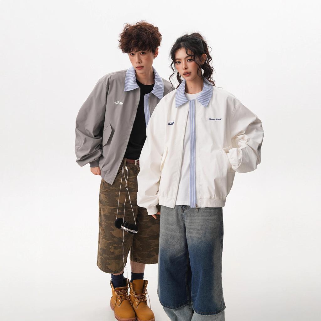 2025 new fake two-piece lapel jacket men's and women's autumn striped splicing baseball jacket loose couple cardigan